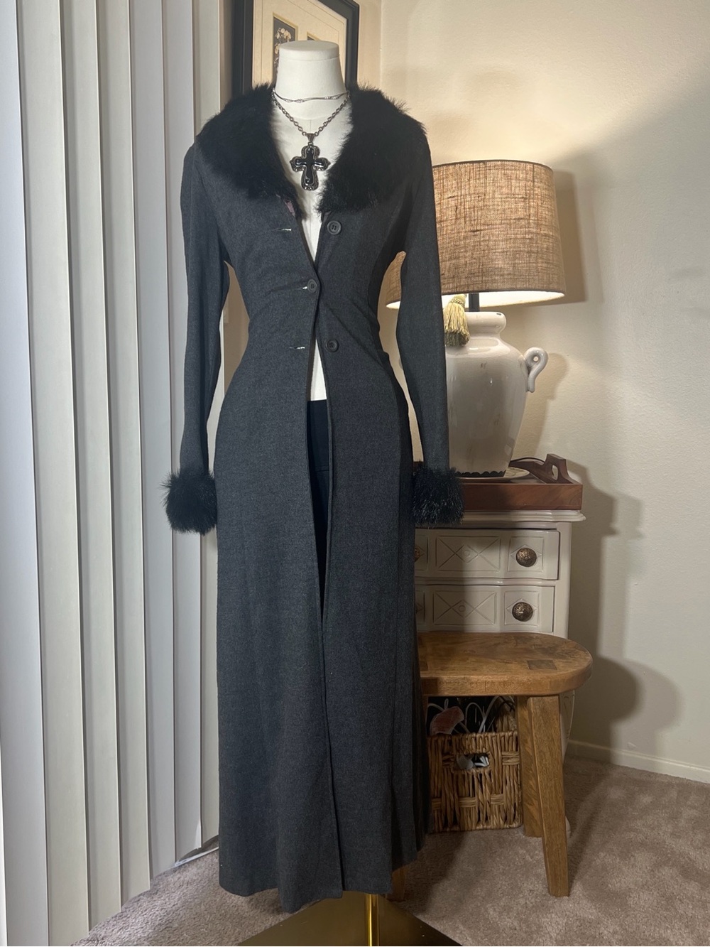 Forever 21 Long Black Faux-Fur Trim Maxi Robe Coat